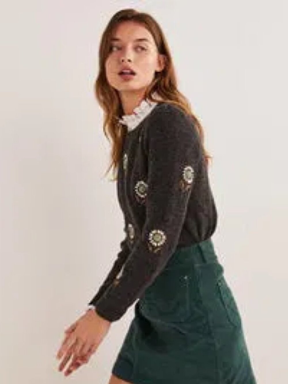 BODEN Grey Embellished Flower Ribbed Jumper